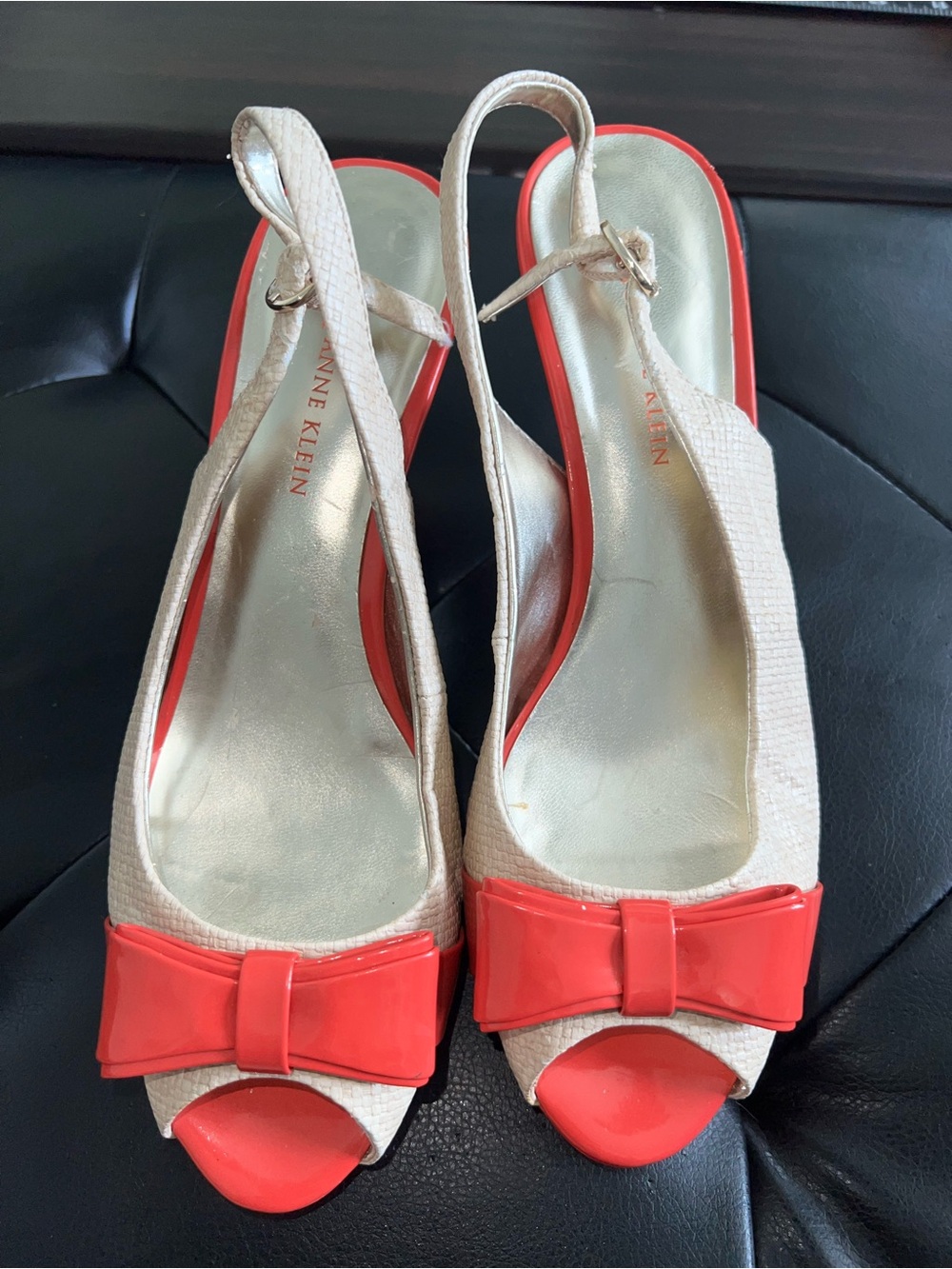 Anne Klein Beige and Coral Bow Peep-Toe Slingbacks